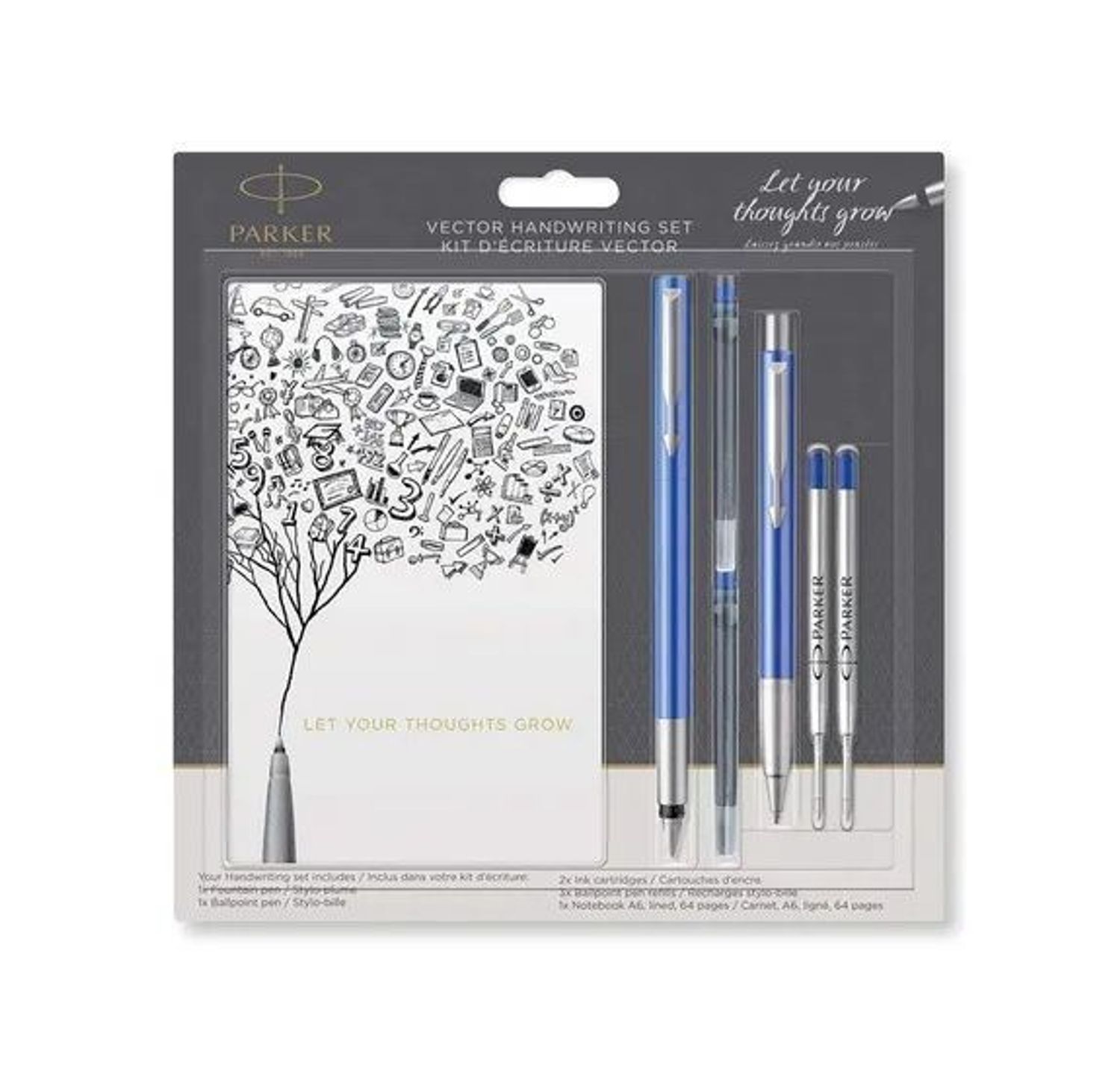 Zestaw piśmienniczy Parker Vector 2046839 w kolorze niebieskim. Pióro wieczne, długopis, wkłady i notes. Elegancki komplet idealny na prezent do biura lub szkoły.1.jpg